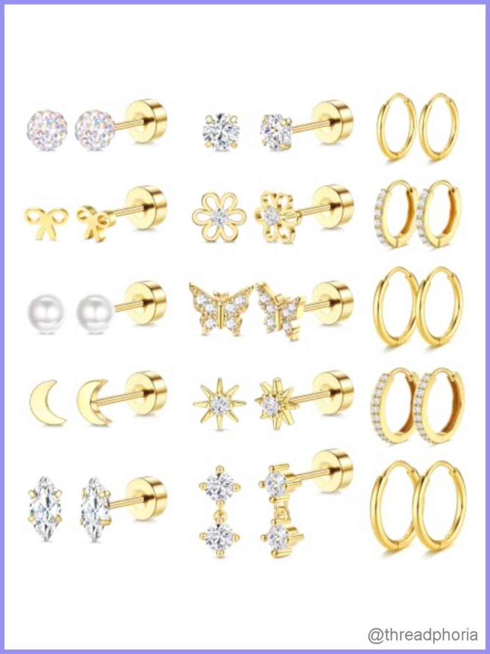 14K Gold Plated Surgical Stainless Steel Stud Earrings Set for Women